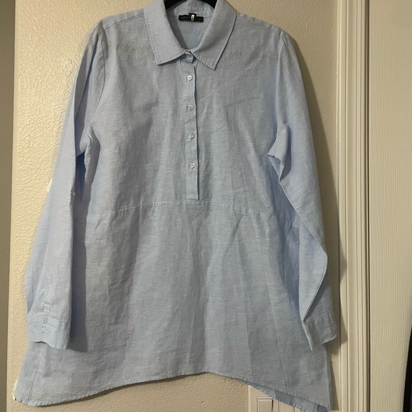 Blue linen cotton blend tunic. Longer on sides. Roll up sleeves. Size L - Picture 1 of 14
